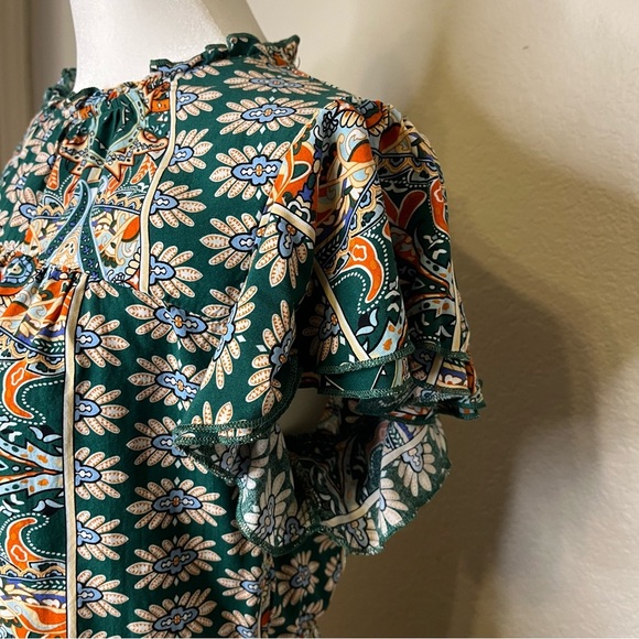 Kirundo Boho Floral Green and Orange Ruffle Sleeve Flowy Mini Dress Size Medium - Picture 5 of 16